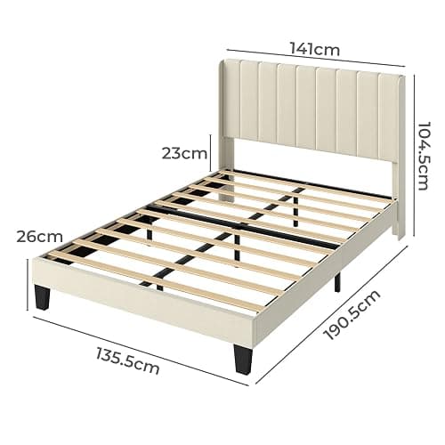 Levede Double Bed Frame, Upholstered Platform Bed with Channel Tufted Wingback Headboard, Strong Wood Slat Support, Noise-Free Foundation, No Box Spring Needed, 4ft6 Double Bed, Beige thumbnail 2