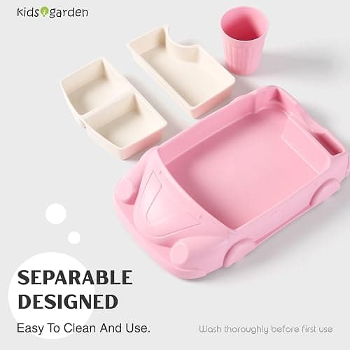 Kids garden Car Plate 8Pcs/Set Bamboo Children Dinnerware Sets - Dishwasher/Microwave Safe Includes Cutlery, Beautiful Plate, Separable Bowls & Cup Happy MealTime, Pink thumbnail 3