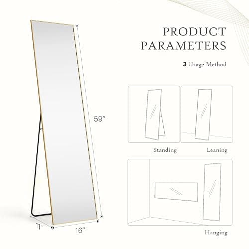 Aidoly Mirror Full Length, Upgraded 16"x59" Body Wall Mirrors with Shatter-Proof Glass, Floor Standing, Hanging or Leaning, Tall Mirror with Stand Aluminum Alloy Frame for Bedroom, Gold thumbnail 2