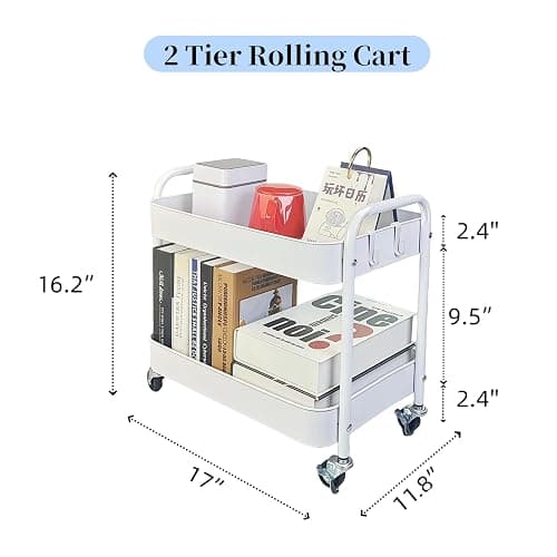 LIWNYRK 2 Tier Metal Rolling Cart with Wheels for Under Desk Storage & Pantry Storage, High Load-Bearing Kitchen Utility Cart for Small Space, Laundry Room Organization Side Table with 4 Hooks, White thumbnail 3