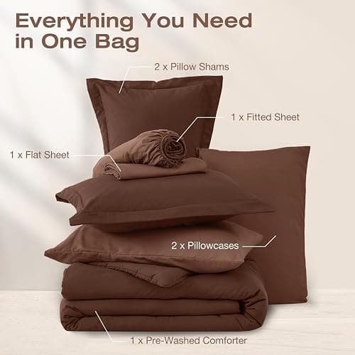Sasttie Full Comforter Set 7-Piece Dark Brown, Pre-Washed Bed in a Bag | Soft & Breathable, All-Season Bedding Set with Comforter, Sheets, Pillowcases & Pillow Shams, OEKO-TEX, Down Alternative thumbnail 6
