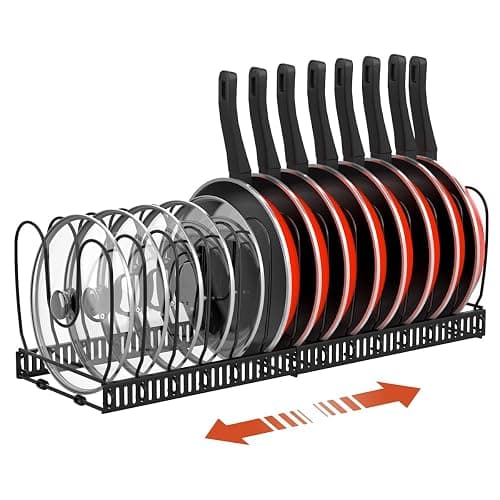 Housolution Pot and Pan Organizer Rack for Cabinet, Expandable Pot Lid Organizer Holder with 14 Adjustable Dividers, Fully Expanded Size 22.83" W x 7.09" D x 7.09" H, Black - Image 1