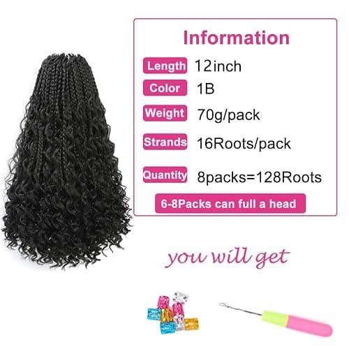 WoWCFyyds 8 Packs Crochet Braids Hair Curly 12 Inch Goddess Box Braids Crochet Hair Bohemian Hippie Braids Extensions with Curly Ends Synthetic Hair Extensions for Braids（1B） thumbnail 2