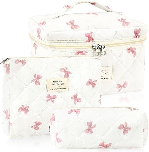 [3 Pack] Makeup Bag for Women Girls, Cute Cosmetic Bag,Travel Make Up Organizer Bag,Large Cotton Quilted Travel Cute Floral Make up Bag,Wide Open Portable Pouch (C-Pink) - Image 1