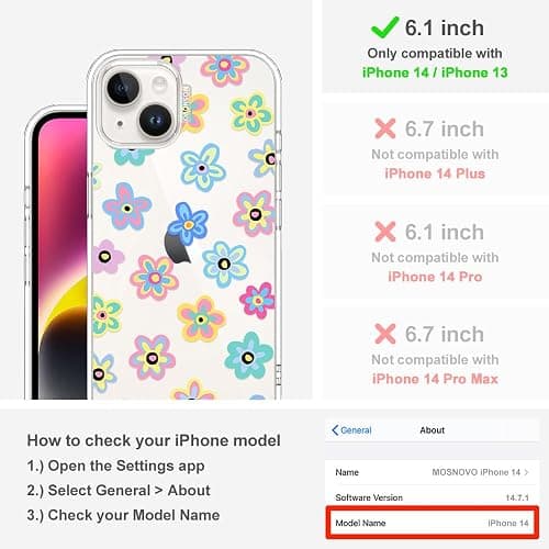 MOSNOVO for iPhone 13/14 Case | Military Grade 6.6ft Drop Tested | Clear with Groovy Flower Design thumbnail 2