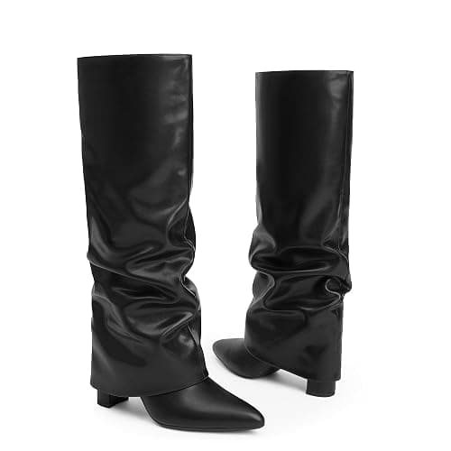 Modatope Knee High Boots Women Fold Over Knee High Boots Chunky High Heels Long Boots Zipper Pointed Toe Dress Tall Boots for Women thumbnail 4