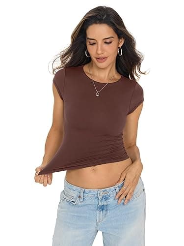 EasyGala Womens Double Lined Tops Cropped Cap Sleeve Shirts Crew Neck Fitted Going Out Tees Y2k Summer Clothes 2026 thumbnail 5