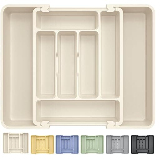 Caperci Large Silverware Organizer for Kitchen Drawer & Utensils - Expandable Drawer Organizer for Cutlery, Flatware & Gadget, BPA-Free Thick Plastic, Wider Compartments & Non-skid Feet (Tofu) thumbnail 7