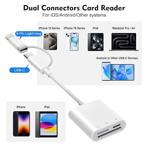 Duale Steckverbinder SD Kartenleser für iPhone iPad mit Aufladung, Lightning & USB C Micro SD/SD Kartenleser, Kamera Speicher kartenleser USB-C OTG Adapter für iPhone 16/15/14/13/12/11/8/7 Serie thumbnail 2