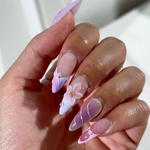 LPOODDNU Purple Pink Press on Nails Almond - Medium 3D Embossed Flower Fake Nails with Pearl Designs, Glossy Finished Reusable False Nails with Adhesive Glue Tabs - 24Pcs Nail Kit for Women Manicure thumbnail 2