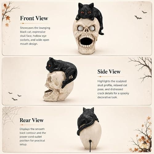 Shlinnuo Halloween Skull Statue with Mist Fogger Light 11 inch | Black cat skull decor, glowing eyes, water mist fog, resin Halloween figurine, indoor haunted house tabletop prop thumbnail 7