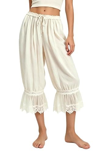TUWIXIUW Women Cropped Lace Pants Bloomer Ruffle Long Bloomers Boho Western | Cute Ruffled Pantaloons Vintage Capri Half Slip Victorian Pettipants Halloween Costumes Concert Party Music Festival Western - Image 1