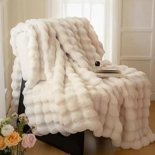 DREAMLANDING Faux Rabbit Fur Luxury Plush Sherpa Throw Blanket Reversible Fuzzy Warm Cozy Fluffy Fur Blanket for Bed Sofa Couch Home Decor (Cream, 130 * 150cm) thumbnail 5