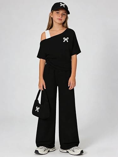 Kxuryueo Teen Girls Clothes Off the Shoulder Top and Wide Leg Pants Matching Outfit Set with Pockets Size 7-16 thumbnail 4