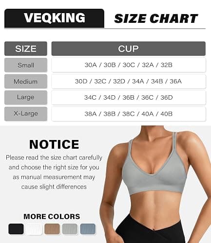 VEQING Seamless V-Neck Women Sports Bras, Padded Cross Back Wireless Low Impact Workout Yoga Bras for Small Chests, 3 Pack thumbnail 6