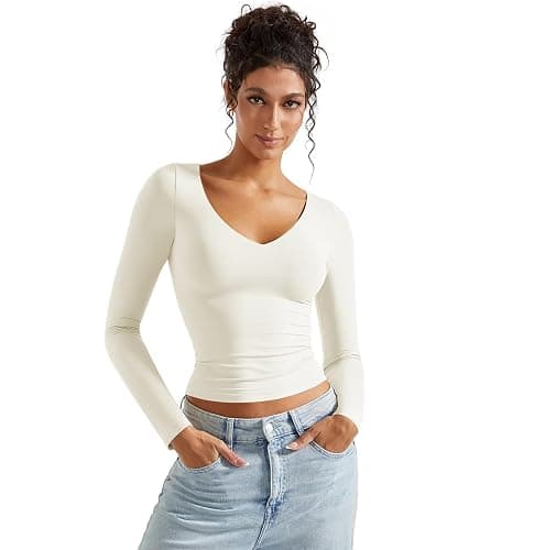 SUUKSESS Women Double Lined Casual V Neck Crop Tank Tops Basic Long Sleeve Shirts thumbnail 7