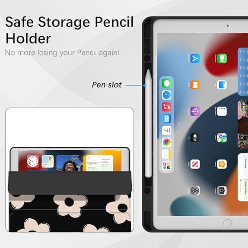 Lornpa Case for iPad 6th/ 5th Generation 9.7 inch (2018/2017), iPad Air 2 & 1 (2014/2013), Protective Case with Pencil Holder, Auto Wake/Sleep Cover for iPad 6th Gen, Black Flowers thumbnail 3