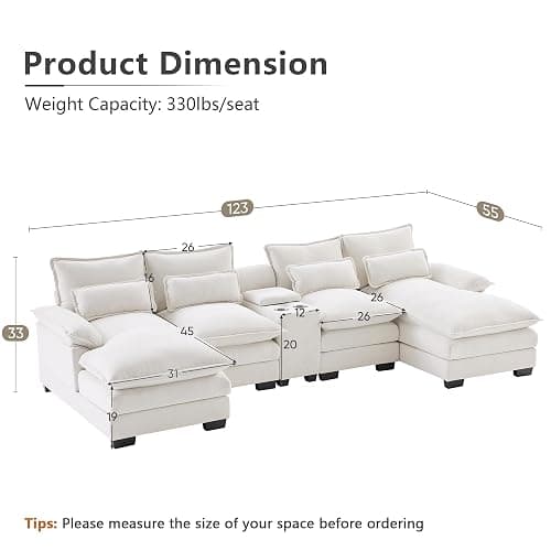 mikibama Luxury Modern 123'' U Shaped Sofa for Living Room, 4 Seater Comfy Cloud Couch Sleeper, Upholstered Sectional Couch Set with Console, Cup Holders & USB Ports, Chenille, White thumbnail 2