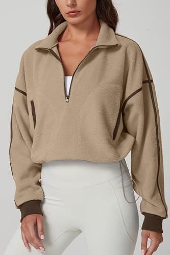 QINSEN Women's Half Zip Fleece Short Pullover Sweatshirt Winter Long Sleeve Cozy Sherpa Sweater Top thumbnail 4