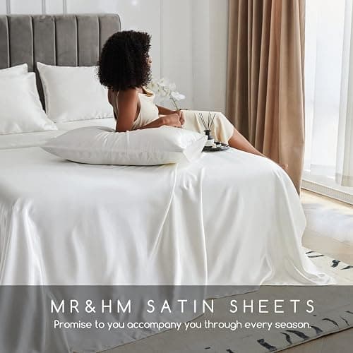 MR&HM Satin Bed Sheets, Queen Size Sheets Set, 4 Pcs Silky Bedding Set with 15 Inches Deep Pocket for Mattress (Queen, Ivory) thumbnail 7