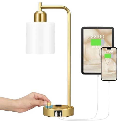 Innqoo Gold Lamp for Bedroom - Industrial Bedside Table Lamp with USB Port and Outlet, Fully Dimmable Nightstand Lamp with Opal Glass Shade, Small Desk Lamps for Home Office thumbnail 8