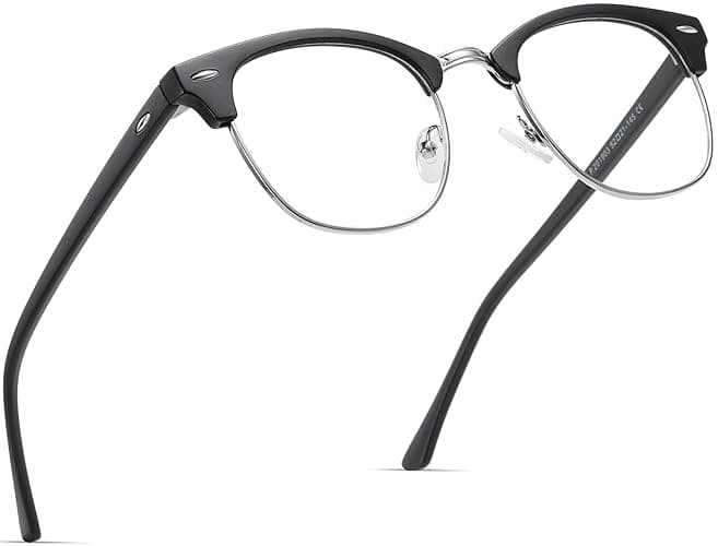 AOMASTE Blue Light Blocking Glasses Vintage Half Frame UV Clear Lens Anti Eyestrain Computer Gaming Glasses for Women Men - A1-matte Black Silver Frame - Clear