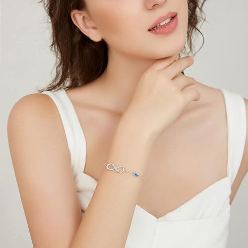 CDE Infinity Heart Birthstone Charm Link Bracelet for Women 925 Sterling Silver Adjustable Mother's Day Gift Anniversary Birthday Jewelry for Wife Girlfriend Her - Sliver-Blue - Sterling Silver thumbnail 2