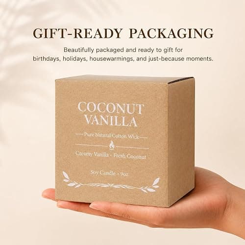Coconut Vanilla Candle, 9 oz Soy Coconut Wax Scented Candle for Home, Vanilla Coconut Aromatherapy Candle, Clean Burning Jar Candle for Bedroom Bathroom Spa, Candle Gifts for Women Men thumbnail 7