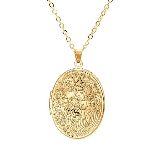 Vintage Engraved Flower Empaistic Photo Locket Hold Picture Oval Round Pendant Necklace Antique Carved Pattern Souvenir Memorial Clavicle Jewelry for Women - Image 1