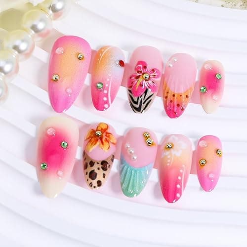 WBRRFJJ 24Pcs Flower Press-on Nails Medium Almond Acrylic False Nails with Leopard French Tip Designs Gold Silver Pearl Pink Glossy Full Cover Artificial Glue-on Nails Spring Summer DIY thumbnail 3