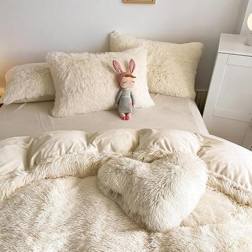 chovy Kids Girls Faux Fur White Comforter Sets Twin/Full - 3PC Bed Set Skin Friendly Soft Warm Comfortable Classical Rabbit Plush Velvet Flannel Fluffy Fuzzy Bedding（Comforter x 1 Pillowcases x 2） thumbnail 5