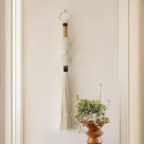 Macrame Wall Hanging Boho Decor Yarn Wall Art Small Sphericity Cotton Textile Tassel Hanging Fiber Art for Living Room Bedroom 27'' L x 2.3'' W - Ivory1 thumbnail 3