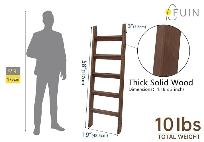 FUIN 5ft (58") Wood Blanket Ladder Living Room Decorative Wall Leaning Farmhouse Quilt Display Holder Storage Rustic Wooden Towel Rack for Bathroom, Brown thumbnail 3