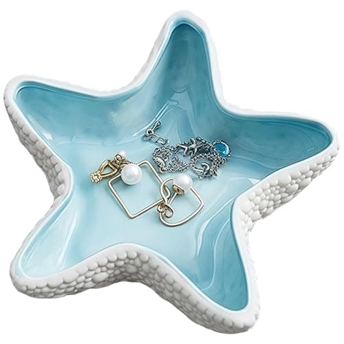 Koyzsen Starfish Jewelry Dish Ceramic Holder Ring Trinket Tray, Ocean-themed Decorative Trinket Dish, Suitable for Mother Friend Sister, Gifts for Women, Home Decor Trinket Dish(Sea Blue) - Image 1