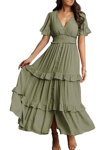 Amegoya Women's V Neck Long Sleeve Boho Maxi Dress Summer Wedding Guest Long Flowy Engagement Dresses - Image 1