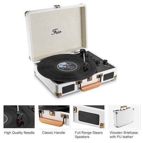 Vinyl Record Player Bluetooth with Speakers 3 Speed Portable Turntable Suitcase Built in 2 Speakers RCA Line Out AUX Headphone Jack PC Recorder-White thumbnail 5