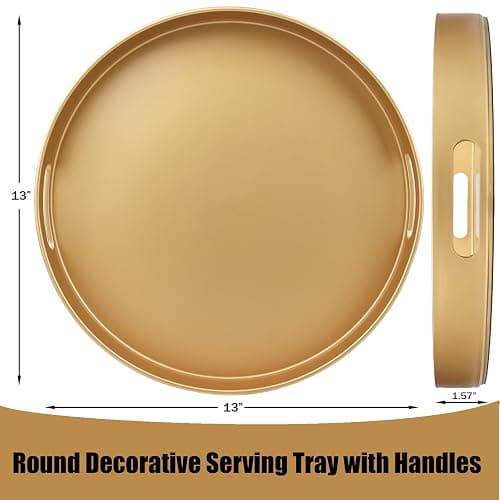 Omuriko Gold Round Decorative Tray with Handles, 13" Versatile Serving Tray for Coffee Table, Ottoman, Ideal for Serving, Displaying, Organizing thumbnail 3