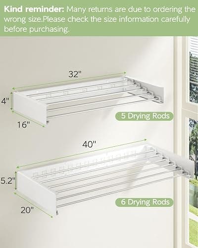 Vikaqi Wall Mounted Clothes Drying Rack 100CM, Foldable Wall Mount Laundry Rack Folding Indoor, Drying Rack Clothing Collapsible, Towel Rack with Wall Template, 6 Rods, White thumbnail 2