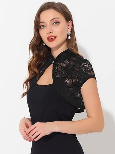 Allegra K Women's Lace Cardigan Stand Collar Short Elegant Shrug Open Front Cropped Bolero Cardigan thumbnail 2
