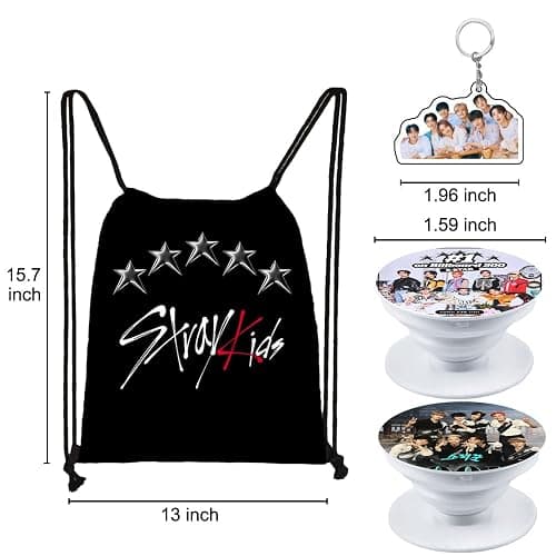 eTel Like Stray Kids Gifts Set, Including Drawstring Bag Backpack, Necklace, Earrings, Bracelets, Button Pins, Lanyard ID Holder, Keychain, Phone Ring Holder, Cartoon Badge thumbnail 4
