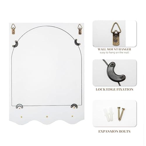 SANY DAYO HOME White 16"x12" Wood Framed Arched Mirror with Shelf and 3 Hooks, Wall Mounted Decorative Real Glass Hanging Mirror for Entryway, Bathroom, Bedroom, Laundry Room thumbnail 6