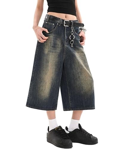 Lafaguw Cropped Jeans for Women Men High Waist Wide Leg Baggy Jorts Y2K Casual Denim Capris Pants Grunge Summer Clothes. - Image 1