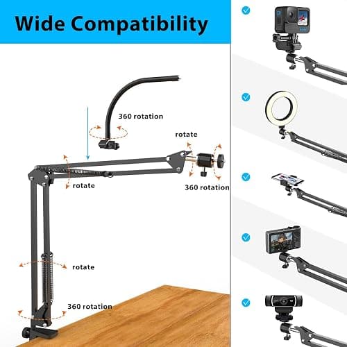 Overhead Camera Mount with Ring Light, Flexible Articulating Phone Arm Stand Compatible with iPhone, Logitech Webcam, Desk Tripod for YouTube Live Stream Cooking Nail Video Recording thumbnail 5