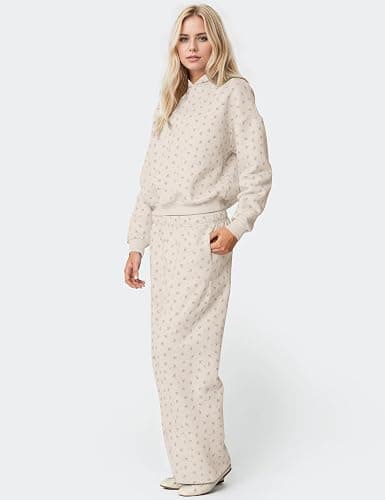 OLAPTA Women 2 Piece Outfits Ditsy Flower Print Sweatsuits Sets Long Sleeve Sweatshirts Wide Leg Sweatpants Fall Tracksuits thumbnail 2
