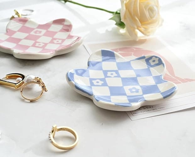 OVENKEI Teen Girls Gifts Trendy Stuff Aesthetic Room Decor Bedroom Decor Aesthetic Preppy Room Decor Aesthetic Stuff Checkered Jewelry Tray, Blue thumbnail 6