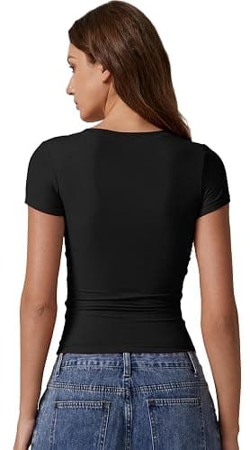 QINSEN Short Sleeve Shirts for Women Round Neck Basic Double Lined Tees Fitted Y2k Crop Tops thumbnail 2