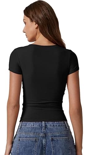 QINSEN Short Sleeve Shirts for Women Round Neck Basic Double Lined Tees Fitted Y2k Crop Tops thumbnail 3