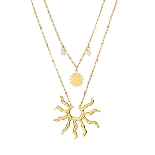 Xeyai Gold Necklace for Women, Dainty 14K Gold Plated Layered Sun Pendant Necklace Gold Charm Chocker Jewelry Gift for Her - Image 1