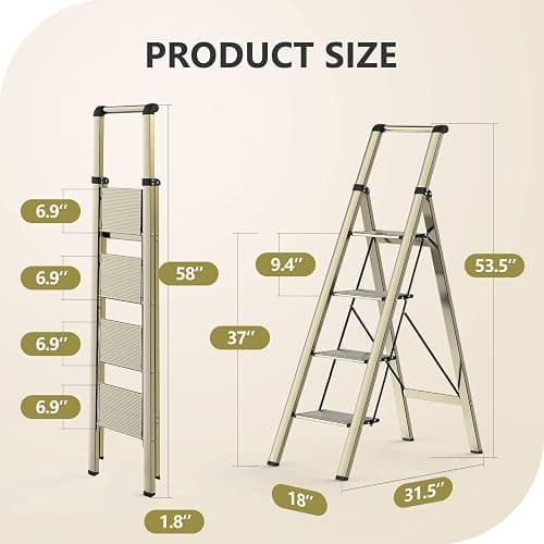 WOA WOA 4 Step Ladders for Home, 300lbs Load, 37'' Top Step, Gold | 9ft Reach; For Closets, Kitchens; Anti-Slip Feet Suit Wood, Tile, Carpet; Rigid Aluminum Pedals; Handrail Adds Balance. thumbnail 2