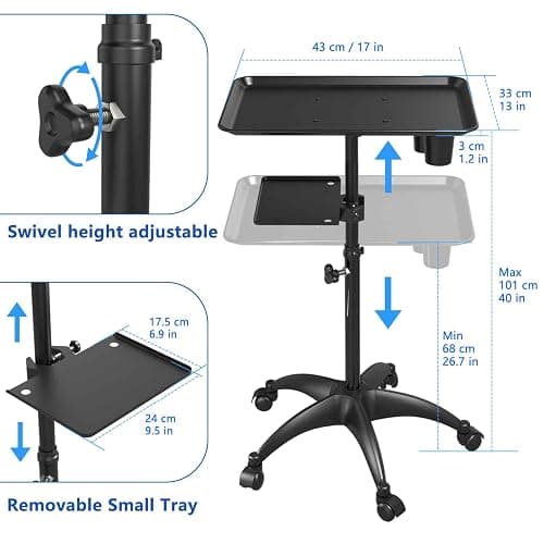 Salon Tray Cart with Storage Platform, Aluminum Tattoo Tray with Wheels Trolley Adjustable Height, Salon Tray Equipment Service Instrument Storage Tray Accessory for Salon & Spa Use, Black thumbnail 3